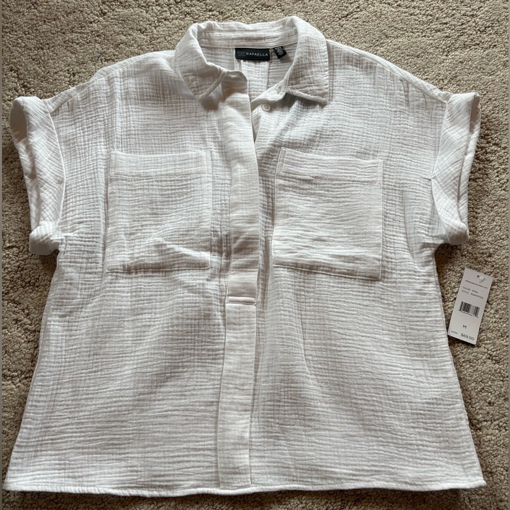 White Short Sleeve Button-Up Cotton Shirt